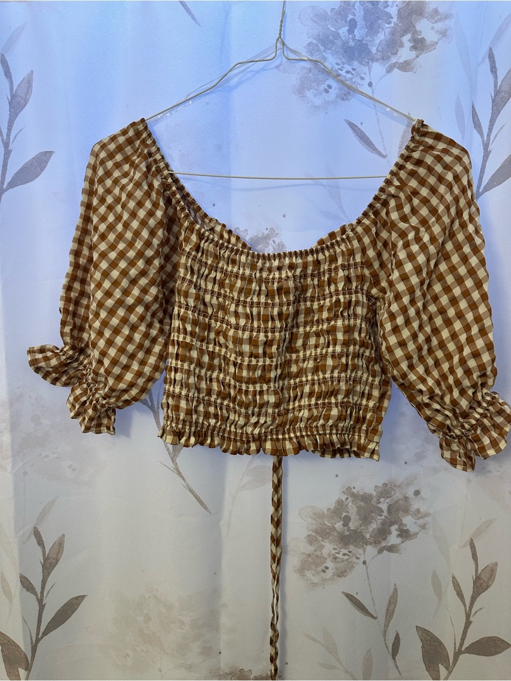 Gingham Ruched Drawstring Crop Top - Brown - Picture 2 of 3